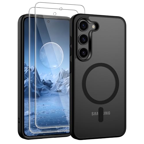 Jshru Magnetic for Samsung S23 Case Compatible with Magsafe with HD Screen Protectors X2 [Durable & Sturdy] Slim Translucent Protective Cover Galaxy S23-Black