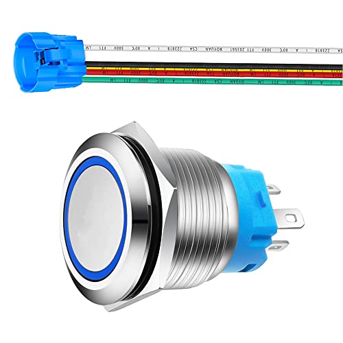 Gebildet 22mm Acero Inoxidable Pulsador Momentáneo 230V AC 3A LED 1NO1NC SPDT Encendido/Apagado Impermeable con Enchufe de Cable (LED Azul)