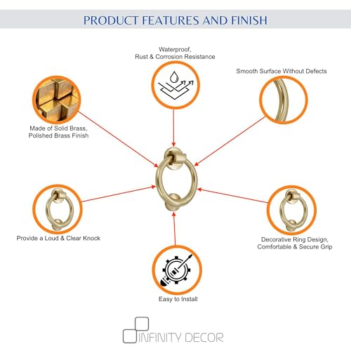 Infinity Decor Türklopfer aus massivem Messing, 12,7 cm, poliertes Messing-Finish, Premium-Qualität, Hand-Türklopfer für Eingangstür, Möbel