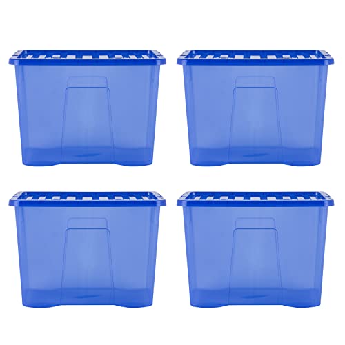 Wham Crystal 4 x 80L Stackable Plastic Storage Boxes with Lids | Ideal for Home, Office, Toys & More | Large Boxes | Made in UK - Spectrum Blue