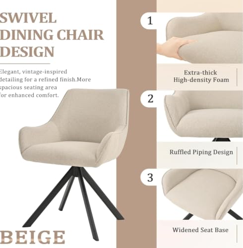 Image of Set of 4 Chairs 360 Degree Rotating Legs Stylish, Modern, Elegant & Comfortable Linen Fabric Arms Chairs for Dinning Living Hotel Cafe (Beige Linen Set of 4)