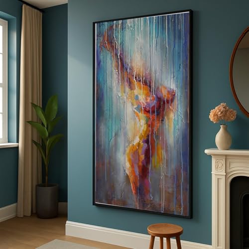 Tableau horizontal figure féminine abstraite 70x130cm expressionniste avec cadre intérieur