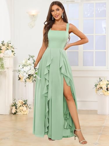 OFEYCHUN Ruffle Bridesmaid Dresses for Women Long Chiffon Square Neck Formal Evening Dress3