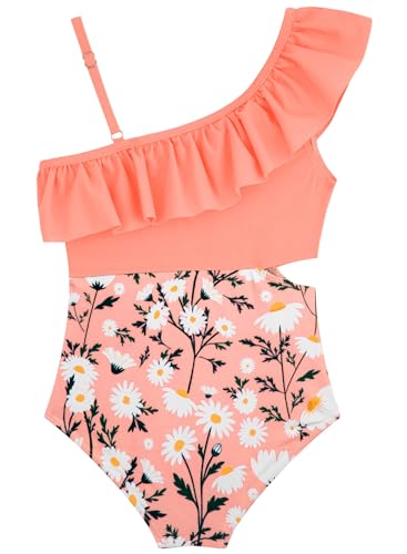 Image of Alakuoti Girls One Piece Swimsuits Cutout Ruffle Bathing Suit Quick Dry Beach Swimwear with Adjustable Strap 5-14 Years
