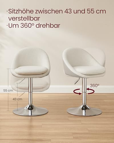 VASAGLE Stuhl verstellbar, Schminkstuhl, Bürostuhl, drehbar, Barhocker mit Rückenlehne und Sockel, Stahl, für Theke, Büro, Schminktisch, Esszimmer, cremeweiß LJB100W01