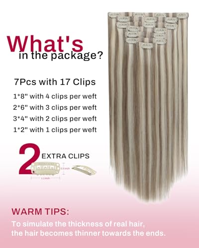 Image of Moresoo Real Human Hair Extensions Clip in Thick Light Ash Brown to Light Blonde Highlights Seamless Clip in Hair Extensions Remy Hair for Women Clips in Extensions Real Hair Long 120g /7pcs 20 inch | Clip in human hair extensions, light ash brown to light blonde, 120g 7pcs, for daily glam, for office to evening styling