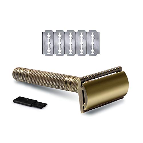 Metal Double Edge Safety Razor with Blades, Classic One Single Blade Razor for Men Women, Mens DE Razor Knife Wet Shaving Kit, Gold Brass Razor Shaver