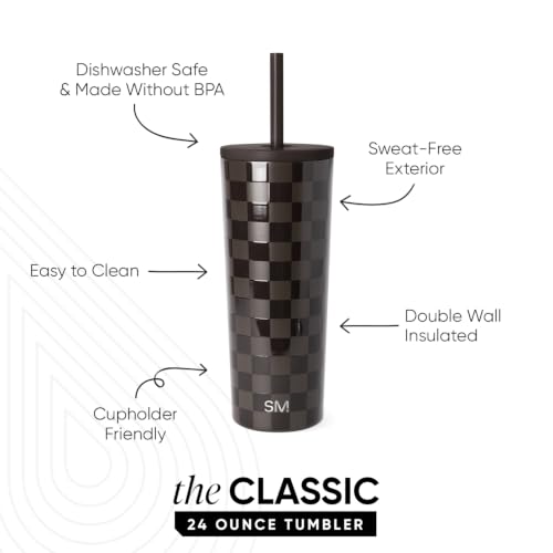 Image of Simple Modern Iced Coffee Tumbler, Insulated | 24oz | Checkered | Reusable Stainless Steel Cup, Travel Mug, Water Bottle with Straw | Cupholder Friendly | Espresso Checkmate