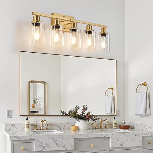 Image of MOKATNG 5-Light Bathroom Light Fixtures, Vanity Light with Clear Glass Shades, Brushed Gold Bathroom Light Fixtures Over Mirror, Modern Bathroom Wall Lamp for Mirror Living Room Cabinet Bedroom
