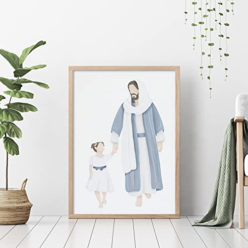 Christian Religion Wall Art Modern Religious God Poster Christian Jesus Picture Bule White Artwork Jesus And Little Girl Wall Art Abstract Jesus Watercolor Painting For Living Room 16X24Inch Unframed #TOP7