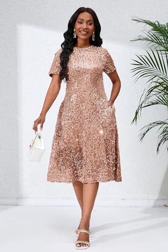 Image of Sequins Glitter Short Sleeve Women's Maxi A-line Dress - Sparkly Party Elegant
