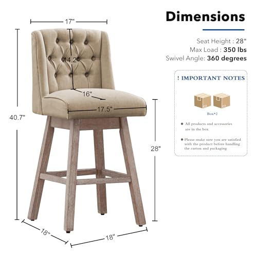 Image of Counter Height Bar Stools Set of 3, 360Swivel Bar Stools with Back and Wood Legs, 28 inch Morden Linen Fabric Upholstered Barstools for Kitchen Island Dining Room Bar