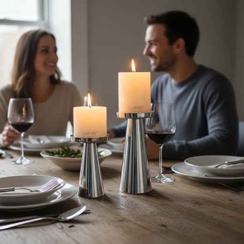Image of ππππ πππππππππππππ | Metal Pillar Candle Holder Set of 2 | Table Centerpieces Coffee Tables | Candles Stand for Christmas Home Decor Gift | Wedding Gift (Shiny Silver - Set of 2 PCs)