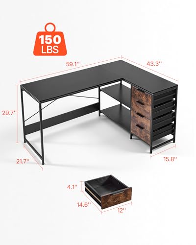 Image of VEVOR L-Shaped Computer Desk, 59-inch Reversible Corner Gaming Desk with Drawers & Storage Shelves, Modern Stylish PC Table Sturdy Work Workstation for Home Office - Easy to Assembly