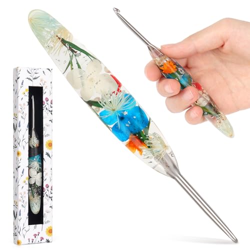 Katech 4.0mm Crochet Hook for Arthritic Hands Hand-Polished Stainless Steel Ergonomic Crochet Hooks with Customized Sparkle Dried Floral Grip Soft Tapered Hook-Crochet Gift for Beginner & Crocheter