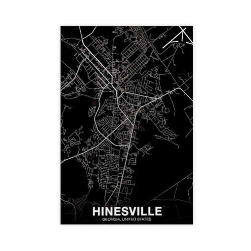BMtyDG HINESVILLE Georgia USA Map Poster Black And White Hometown City Canvas Poster Wall Art Prints Room Aesthetic Murals Bedroom And Living Decorations Unframe 12x18inch