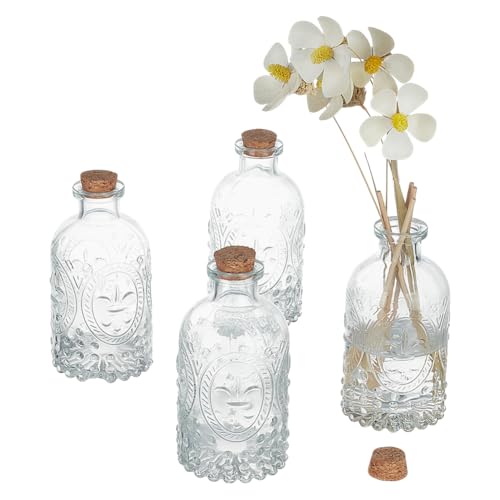 PH PandaHall 4 Stück 200 ml Glasflaschen Mit Korkdeckel Vintage Geprägte Flaschen Klare Diffusorflaschen Zaubergläser Für Blumen Dekor Hochzeitsmittelstück