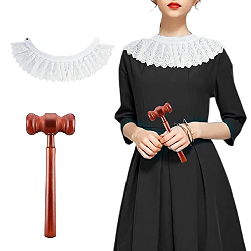 niCWhite Accessorio per costume da giudice di Halloween, camicetta girocollo in pizzo con martello in legno per cosplay giustizia bomboniere puntelli, bianco e marrone, M