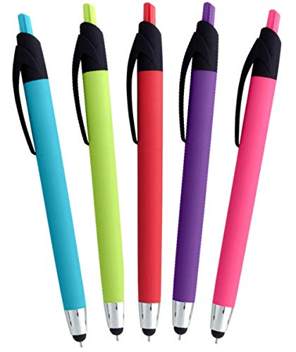 2 in 1 Capacitive Stylus & Ballpoint Pen Combo Soft Touch Grip for Any Tablet or Touchscreen Device (5 Pack)