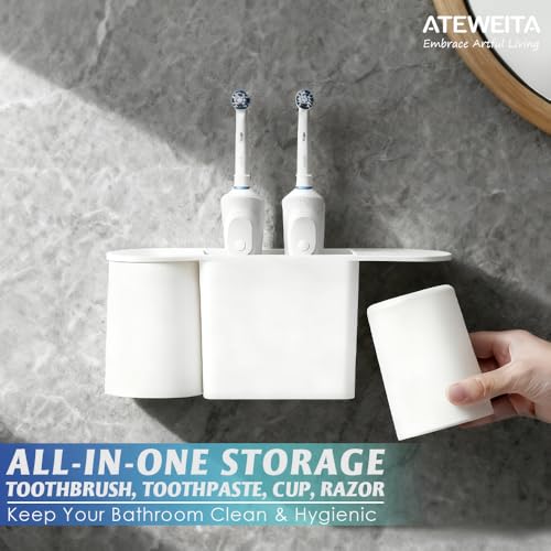 Ateweita Zahnbürstenhalter Ohne Bohren, Zahnputzbecherhalter Wand, Zahnputzbecher Magnetisch mit Halterung, Toothbrush Holder Without Drilling für Badezimmer Organizer (1, Weiß, 25.6 * 10.5cm) 2