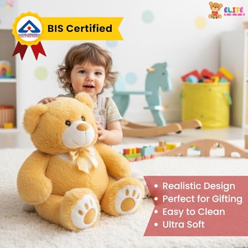 Image of 55 CM Golden Brown Teddy Bear Plush Toy | Super Soft Stuffed Animal for Kids | Cute Bow Tie Design | Huggable Soft Toy for Boys & Girls for Birthdays & Special Occasions