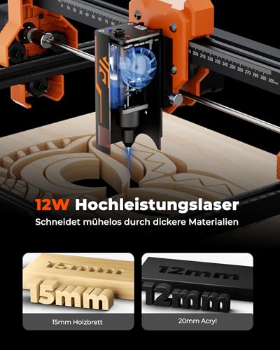 ACMER S2 12W Laser Cutter, 72W Leistung Laser Graviermaschine, Gravieren und Schneiden von Holzplatten mit nur einem Klick für Geldverdienen kleine Unternehmen, Heimwerkerarbeiten, 300 * 300mm