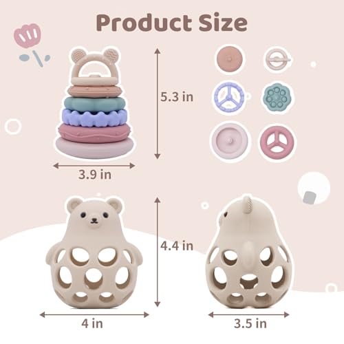 Image of Baby Silicone Stacking Toys,Soft Teething Bear Learning Toy for 6M+,Beige | Sensory Toys for Highchair,Bear Teether & Stacker Rings Toy,Baby Table Toys,Food Grade Silicon Toy,Baby Shower Gifts