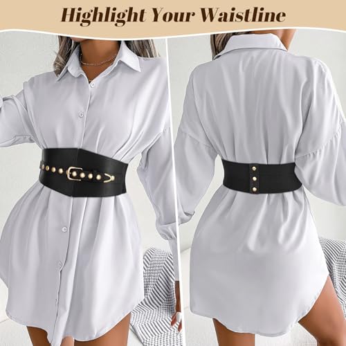 Wide Waist Belt Women Elastic Chunky Stretchy Elegance Belt with Gold Rivets Buckle for Daily Costume2