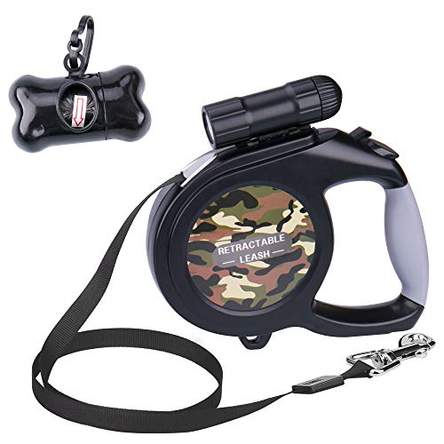 OMEW Laisse de Chien Laisse pour Chein Enrouleur, Ruban Solide en Nylon 8 M pour Toutes Les Tailles de Chien Moyen et Gros Laisse Réglable,avec Lampe de Poche et Sac de déchets.