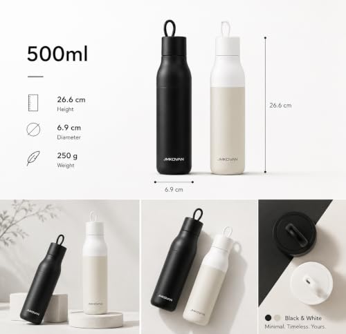 Image of Slim insulated Stainless Steel Water Bottle with Handle, Vacuum Double Wall, Leakproof Lid, Fits Car Cup Holder, Minimalist Design (1-pack)