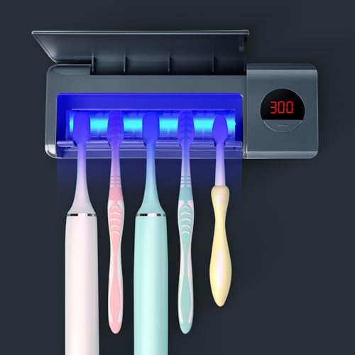 DSHOW UV Toothbrush Sanitizer, Bathroom Toothbrush Holder Wall Mounted with Sterilizer Function, 2000mAh Charging, Timing Function, Toothbrush Organizer for Ladies Baby Family (Grey)