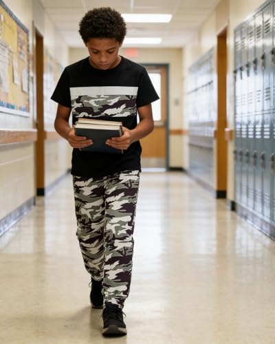 Image of OLMRJKD Boys 2 Piece Outfits Color Block Clothes Short Sleeve T Shirt and Camouflage Pants Summer Clothing Sets