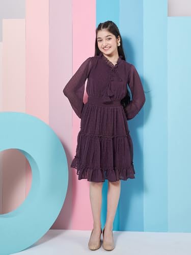 Image of Pspeaches Girl's V-Neck Long Sleeves Chiffon Fit & Flare Dress Purple Color Casual Stylish Wear