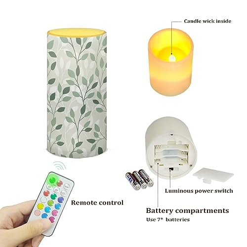 Image of Leaf Green Flameless Light Candles Home Table Ornaments, Battery Operated Candles with Color Changing Timer Remote Control Fake Pillar Candles Tealights Spring Home Decoration