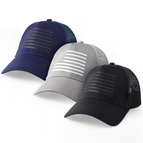 Image of Shyyween 3Pcs American Flag Trucker Hat Baseball Cap for Men Women Breathable Mesh Adjustable Snapback Closure USA Hat for Daily Wear Holiday Birthday Gifts