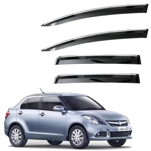 Image of CAR SAAZ Unbreakable Chrome Smoke Door Visor for Swift Dzire Type 2 (2012-2017) | Premium Sun Rain Wind Deflector Chrome Strip Side Door Rain Visor - Set of 4 Pcs