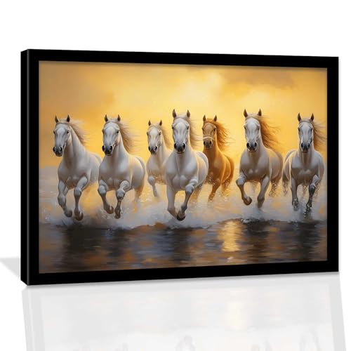 Image of HOTHOUSE Seven Running Vastu Lucky Horse | 7 Horses Vastu Frame Wall Art Painting for Living Room Bedroom Office Home Decor Rising Sun Painting Wall Decor Size (19X25 inch)