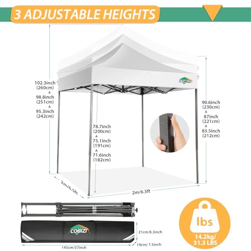 Image of COBIZI 6.6x6.6 Pop Up Canopy Tent No Sidewalls,Heavy Duty Canopy,White