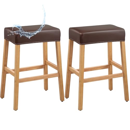 Image of PU Leather Bar Stool Covers Rectangular, 100% Waterproof Stool Covers Rectangle Super Stretch 20% Thicker Leather Saddle Stools Cover Rectangular Counter Bar Stools with Elastic Band (2 PCS, Coffee)