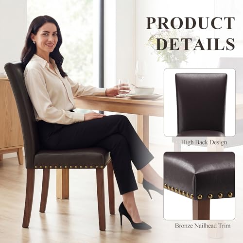 Image of COLAMY Parsons Dining Chairs Set of 6, PU Leather Dining Room Kitchen Side Chair with Nailhead Trim and Wood Legs - Dark Brown