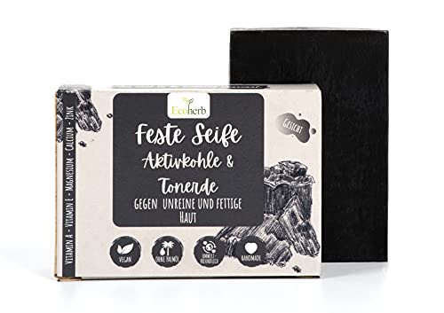 Ecoherb feste Gesichtsseife Aktivkohle | Handgemachte Seife mit Aktivkohle und Tonerde | Gegen unreine Haut | Mit Vitamin A und Zink | Vegan, palmölfrei, tierversuchsfrei und ohne Plastik| 100g Cover