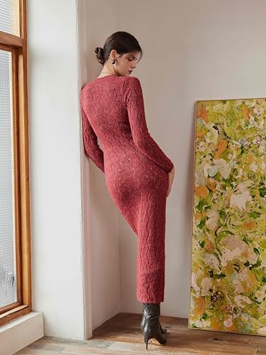 CIDER Burgundy Dress for Women Long Sweater Dresses Mesh Hollow Out Long Sleeve Crew Neck Maxi Winter Dress 20253