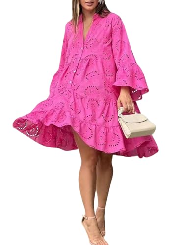 utcoco - Mini vestidos de encaje bordado con ojales para mujer, manga de trompeta 3/4, cuello en V, medio...