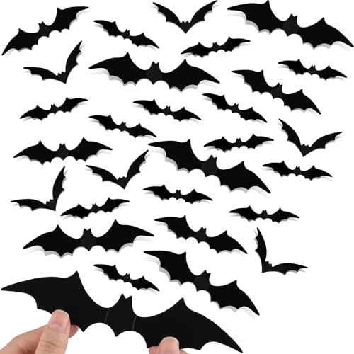 NEBURORA 36 Stück Halloween Fledermaus Wanddekoration, realistisches PVC, schwarz, 3D Fledermäuse Aufkleber, 4 verschiedene Größen, gruseliges Wandtattoo für Heimdekoration, Halloween Deko