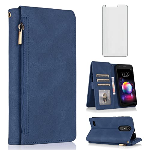 Compatible with LG K30 2018/Premier Pro LTE/Phoenix Plus/Harmony 2/K10/K11/Xpression Wallet Case Tempered Glass Screen Protector Zipper Leather Flip Cover Card Holder for LGK30 K 30 30K LMX410 Blue