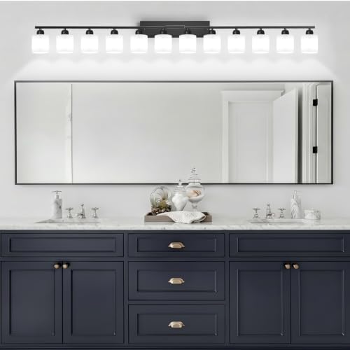 Image of 12 Light Black Vanity Lights for Giant Mirror, Bathroom Vanity Lights Over Mirror with Milky White Frosted Glass Shades,78.8 inch Bathroom Light Fixture for Mirrors, E26