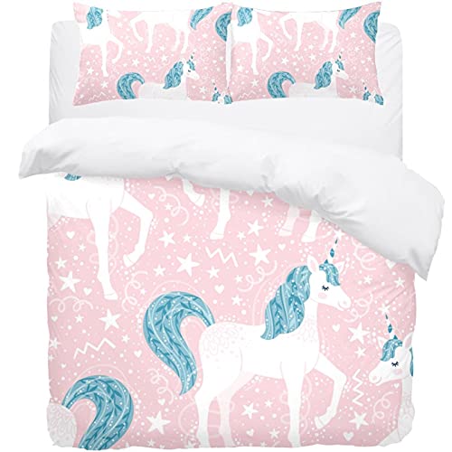 Housse de couette licorne et taie d'oreiller rose anti-plis