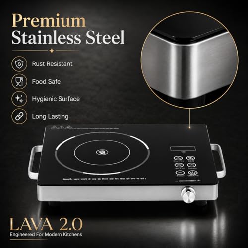 Image of Chakmak Lava Infrared Cooktop 2.0 | Touch Panel | Universal Cookware Compatible | Fast Heating Electric Cooktop | Crystal Glass Top | Timer & Preset Modes | Black & Silver (2200W)