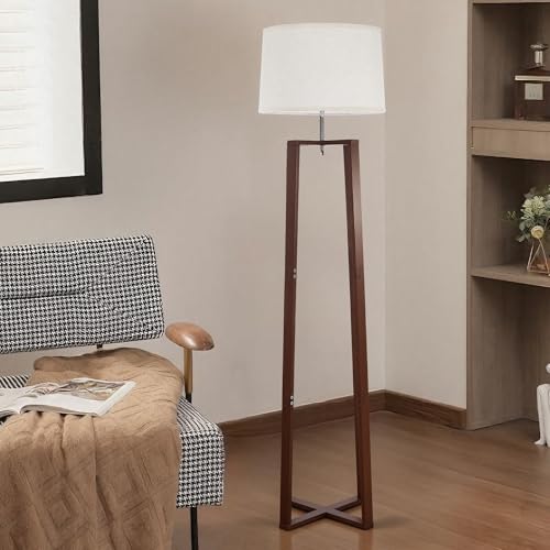 Image of 66 inch Bamboo Corner Floor Lamp with Linen Shade, Mid Century Standing Lamp, Modern Natural Tall Floor Lamp for Living Room Bedroom Office, E26 (Walnut Color)
