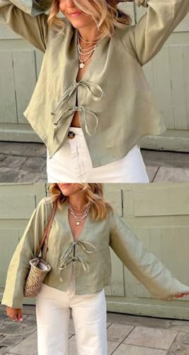 Chvity Tie Front Tops for Women Y2K Linen Shirts Flare Sleeve V Neck Going Out Coquette Clothes Casual Lace Up Bow Blouses - Image 8